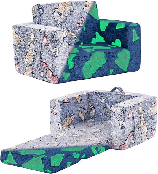 Tiita Kids Chair Couch, Folding Toddler Comfy Sofa Chairs, 2-in-1 Kids Plush Sofa Fold Out, Baby Armrest Chair Sofa to Lounger, Convertible Play Sofas to Bed for Girl or Boy, Vehicles