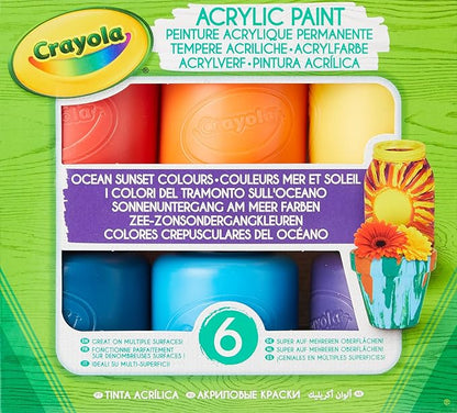 CRAYOLA 6 Acrylic Tempera Paints, Sunset Colours in Resealable Jars Ready to Use for School and Leisure /