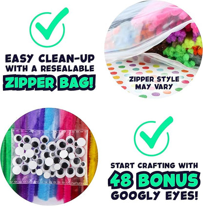 348 Pipe Cleaners Plus 48 Googly Eyes - Colored Chenille Stems for Kids Craft - Fuzzy Stems in 29 Colors