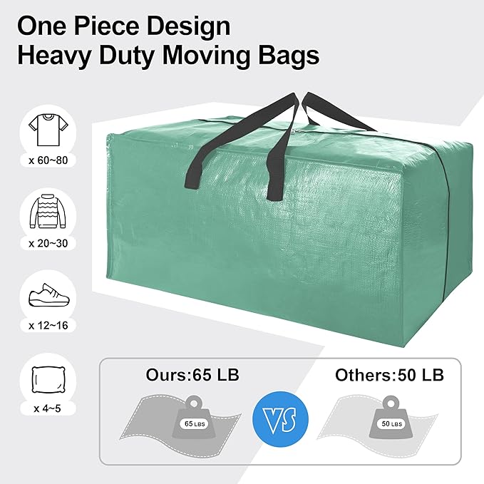 VELVETSURE 12 Pack Heavy Duty Large Moving Bags W/Backpack Straps - Strong Handles & Zippers, Storage Totes For Space Saving, Fold Flat, Alternative to Moving Box and Storage Bin, Teal