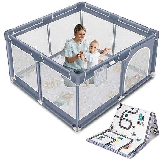 Suposeu Baby Playpen with Mat, Portable Baby Play Yard for Toddler, Safety Baby Gate playpen with Soft Breathable Mesh, Indoor and Outdoor, Large Kids Activity Centery (Grey)