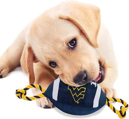Pets First NCAA West Virginia Mountaineers Nylon Football Dog Toy, Tough Quality Nylon Materials, Strong Pull Ropes, Inner Squeaker, Collegiate Team Color