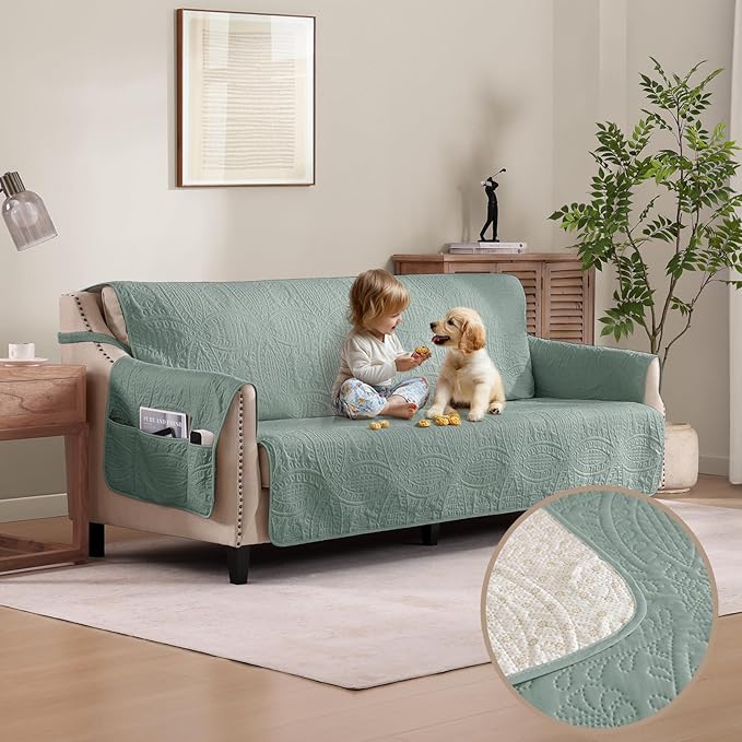 Sage Green Quilted Sofa Cover, Anti-Slip Medallion Designed Couch Covers for 3 Cushion Couch, Sofa Slipcovers for Dogs Cats Water-Repellent, Machine Washable (Large Sofa 68", Sage Green)