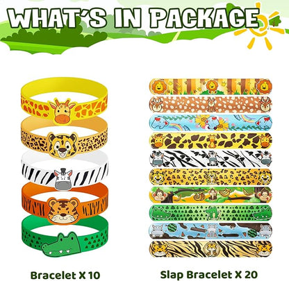 Jungle Safari Party Favors 30 Pcs Wild Animals Slap Bracelets and Rubber Wristband for Kids Birthday Gifts, Wild Theme Party favors for Kids Birthday Party Jungle Safari Party Supplies