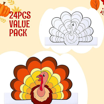 JOYIN 24 Pcs Thanksgiving Coloring Headbands, Thanksgiving Color Your Own Turkey Crowns Kids Craft Set for Thanksgiving Kids School Activities Class Events Thanksgiving Party Decoration Supplies