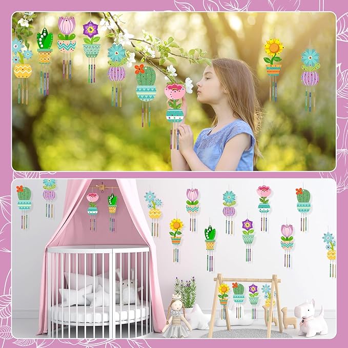 gisgfim 16 Pack Flower Wind Chime Crafts Kits for Kids Make Your Own Flower Wind Chime Wooden DIY Arts and Crafts Decoration for Birthday Party School Classroom Decorations Supplies Birthday Favors
