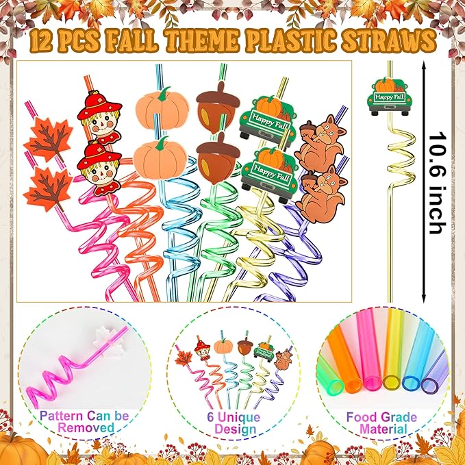 Erweicet Fall Party Favors 72 PCS Autumn Slap Bracelet DIY Stickers Plastic Straws Silicone Bracelets Tattoo Stickers Gift Bags for Kids Fall Harvest Party Classroom Rewards Goodie Bag Filler