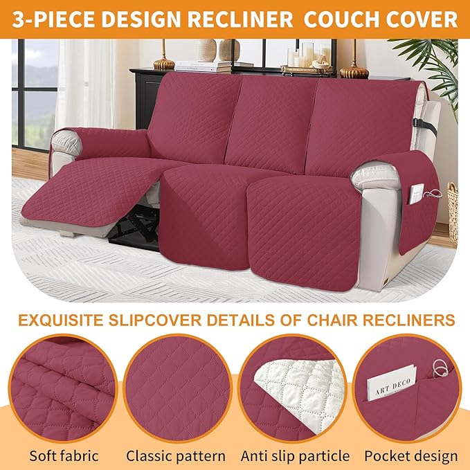XINEAGE Water Resistant Recliner Cover, 3 seat Recliner Sofa Covers with Pockets, Quilted Thick Recliner Protector Cover for Dog Pets with Non Slip Backing and Strap (Recliner Sofa, Red)