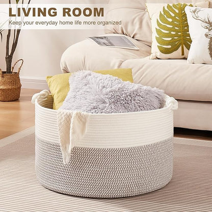 OIASKET Large Blanket Storage Basket for Living Room, 22.8" x 22.8" x 13" Woven Cotton Rope Basket with Handles, Baby Toy Storage, Laundry Hamper for Clothes, Pillows, Towels-Grey and White
