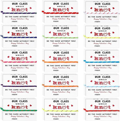 Yinkin 30 Pcs Valentine Friendship Bracelets with Card Set Valentines Knot Bracelets Bulk for Students from Teacher Valentine Bracelets Cards for Classroom Exchange Kids Valentines Day Party Favors
