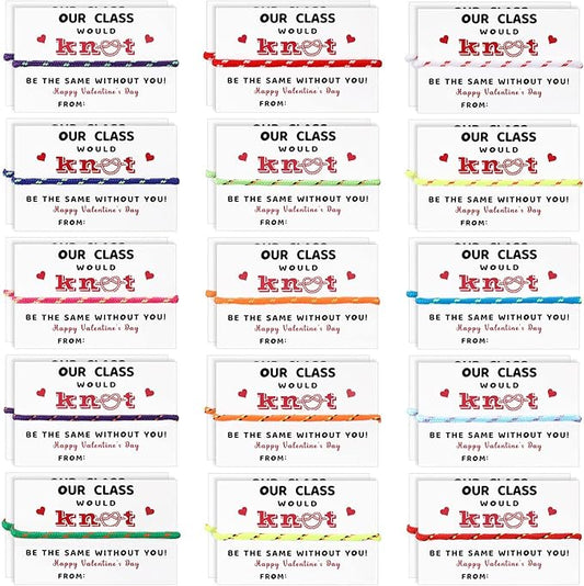 Yinkin 30 Pcs Valentine Friendship Bracelets with Card Set Valentines Knot Bracelets Bulk for Students from Teacher Valentine Bracelets Cards for Classroom Exchange Kids Valentines Day Party Favors