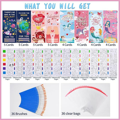 Valentines Day Gifts for Kids 36 PCS Valentines Cards Classroom with Painting Craft Kit Paint with Water Colors Book for Toddlers Boys Girls Valentine Exchange Gift Shool Prizes Classroom Party Favors