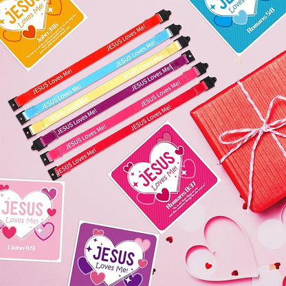 48 Sets Religious Valentine's Day Wristbands Jesus Loves Me Wristband Christian Valentine's Day Friendship Clasp Wristbands with Exchange Cards for Sunday Party Favor Prize