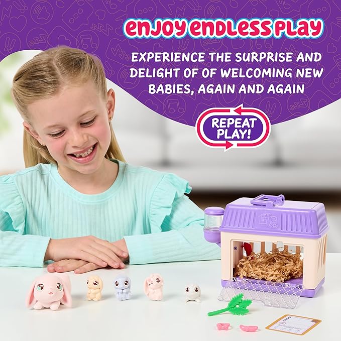 Little Live Pets Bunny Mini Interactive Live Pet Toy Set, Hutch Animal Playset with 3 Surprise Babies, 20+ Sounds, Bunny Accessories for Girls Toys for Ages 3+