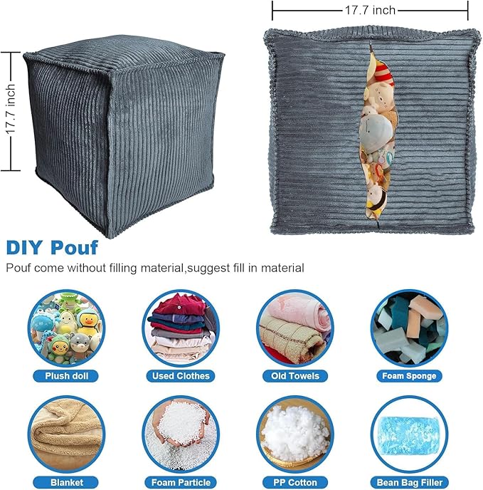 Louis Donné Unstuffed Pouf Ottoman Square Stylish Storage Empty Footrest Pouf Cover for Organizing and Decluttering Extra Clothes Blankets and Kids' Toys Greyish Blue (Only Cover)