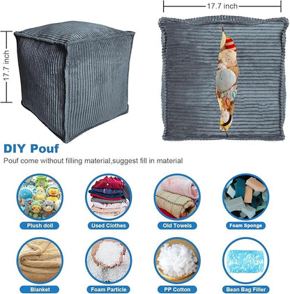 Louis Donné Unstuffed Pouf Ottoman Square Stylish Storage Empty Footrest Pouf Cover for Organizing and Decluttering Extra Clothes Blankets and Kids' Toys Greyish Blue (Only Cover)