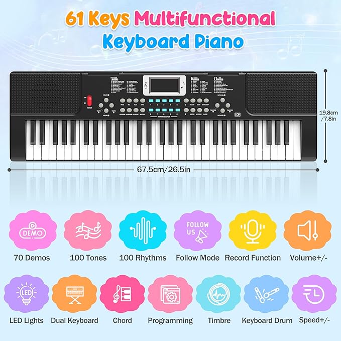 Piano Keyboard, 61 Key Upgrade Kids Pianos Music Toy with Light-up Keys & Pro Teaching Modes, Dual Speaker, 70 Demos,100 Tones, 100 Rhythms Perfect Christmas/Birthday Gift for Kids (Black)