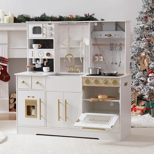 ROBOTIME Wooden Play Kitchen for Toddlers and Kids, Toy Kitchen Set with Ice Maker and Coffee Machine, Realistic Toddler Kitchen Set, Gift for Girls Boys Ages 3+ White