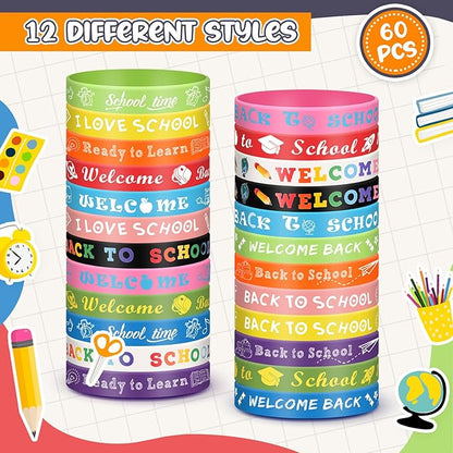 Libima 60 Pcs Welcome Back to School Bracelets Bulk Back to School Rubber Bracelets First Day of School Silicone Wristbands Back to School Gifts Goodie Bags Favors Class Rewards Party Supplies
