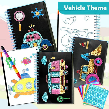 Foil Art Craft Activity for Kids: Fun DIY Toy Sticker Kit, No Mess Creative Travel Supply Set, Idea Birthday Easter Basket Stuffers Valentines Gift for Girl Boy Toddler 4 5 6 7 8 9 Year Old（Vehicle）