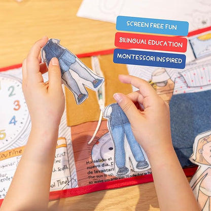 Routines 11 Pages Quiet Book for 3+ Year Old Boys and Girls | Bilingual Soft Book | Preschool and Early Learning | Montessori Fabric Book for Toddlers | Play and Learn Toy | 14 Pieces Included.