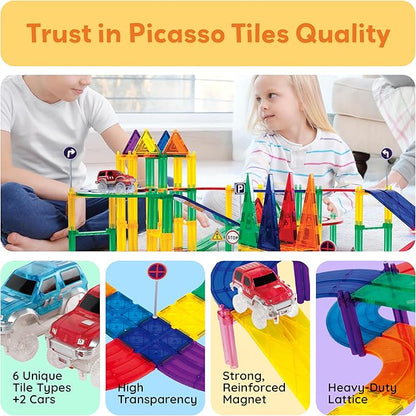 PicassoTiles 80 Piece Race Car Track Building Block Educational Toy Set Magnetic Tiles Magnet DIY Playset 2 Light Up Car STEM Learning Construction Kit Hand-Eye Coordination Fine Motor Skill Training
