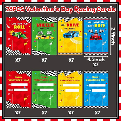 ANGOLIO 28 PCS Valentine's Day Race Cars Slap Bracelet with Gift Cards for School Greeting Gifts Exchange Valentine's Day Race Car Toys Set Classroom Prize Goodies Bag