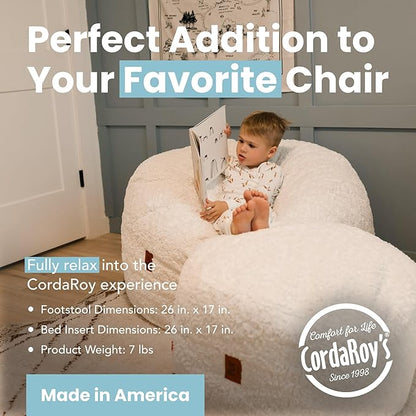 CordaRoy's Faux Fur Bean Bag Pouf Footstool - Washable Fabric Ottoman Cover with Durable Foam Insert - Versatile Footrest for Basement, Living Room, Office - 26" x 17" - White