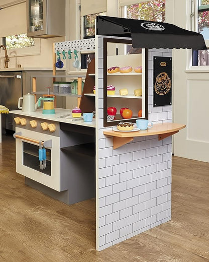 Little Tikes Real Wood Café & Bakery Exclusive Wooden Play Kitchen with Realistic Lights Sounds and Dual-Sided, 20+ Accessories Set- Gift for Kids, Toy for Girls Boys Ages 3 4 5+ Years