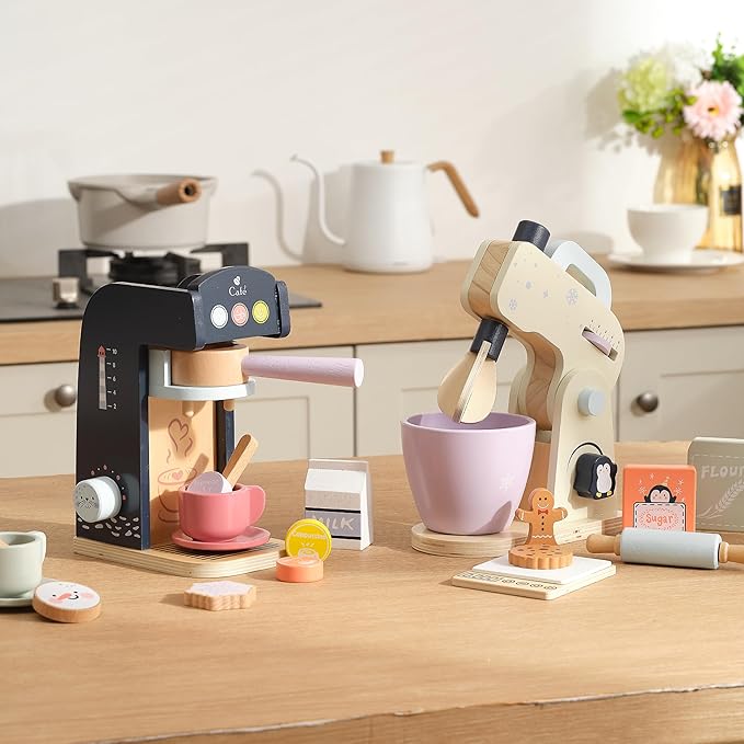 PairPear Play Mixer for Kids Kitchen, Wooden Play Food Kitchen Cookie Bakery Toys, Kids Mixer Play Kitchen Accessories for Age 3+ Girls and Boys