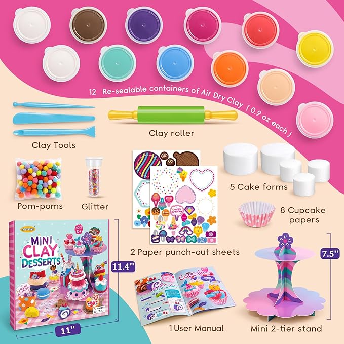 Craft Kits for Kids, Make Your Own Mini Desserts with Air Dry Clay, Create & Display Clay Creations, Art Activities, Great Gifts for Girls