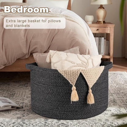 OIASKET Large Woven Baskets for Storage, 23.6" x 23.6" x 14.6" Blanket Storage Living Room, Baby Toy Basket for Clothes, Pillows, Towels, Shoe Basket for Entryway (Black)