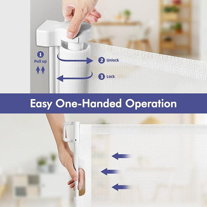 145 Inch Retractable Baby Gates Extra Wide Dog Gate for Extra Wide Openings Retractable Dog Gate Indoor Outdoor Retractable Gate Mesh Baby Gate Extra Long Baby Gate for Stairs, Doorways, White