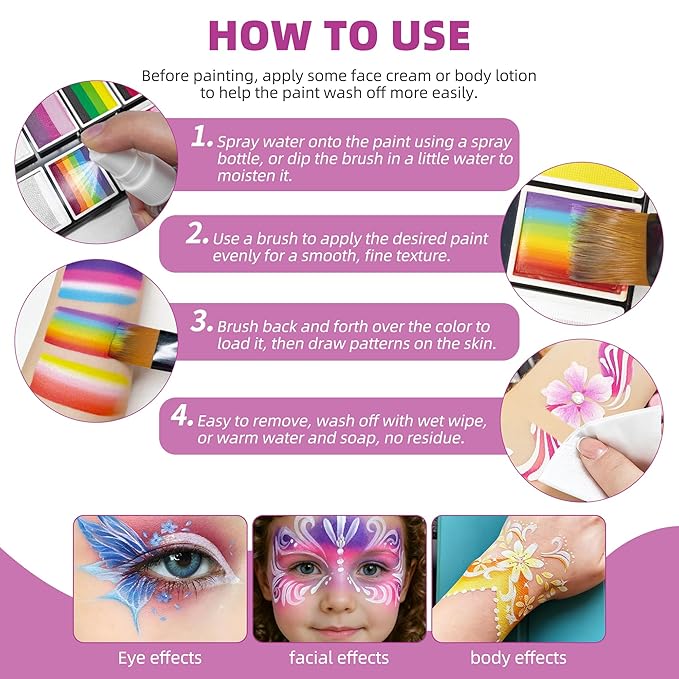 WUO Professional Face Painting Kit for Kids Adults, 12x10g+4 Colors Split Cake Palette with Stencils Sponge, Non-Toxic Water-Activated Rainbow Body Face Paint Makeup for Halloween Christmas Partie