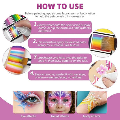 WUO Professional Face Painting Kit for Kids Adults, 12x10g+4 Colors Split Cake Palette with Stencils Sponge, Non-Toxic Water-Activated Rainbow Body Face Paint Makeup for Halloween Christmas Partie