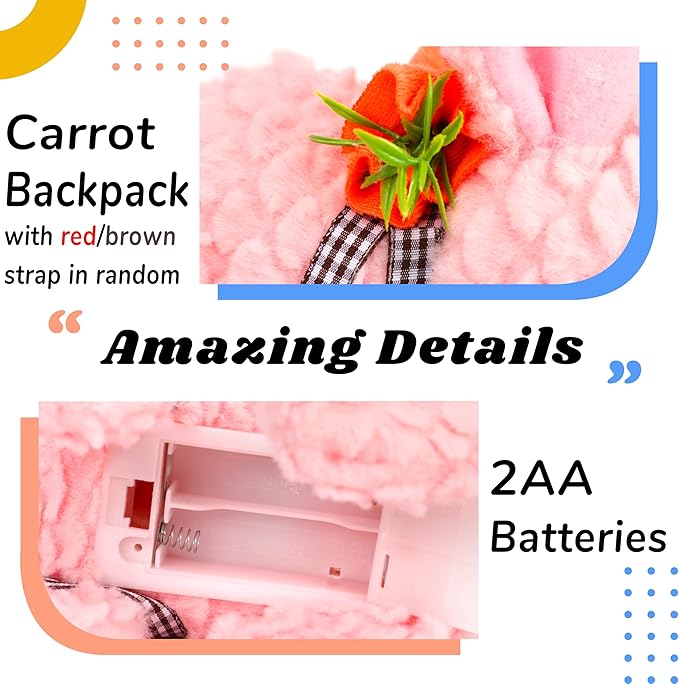 Hopearl Hopping Rabbit with LED Ears Carrot Backpack Interactive Plush Bunny Toy with Sounds Animated Walking Wiggle Light up Ears Twitch Nose Gift for Toddlers, Pink, 7''