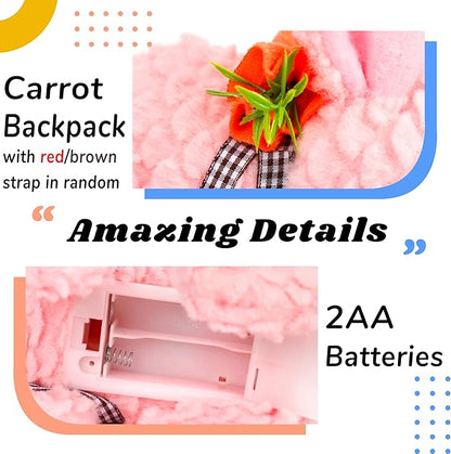 Hopearl Hopping Rabbit with LED Ears Carrot Backpack Interactive Plush Bunny Toy with Sounds Animated Walking Wiggle Light up Ears Twitch Nose Gift for Toddlers, Pink, 7''