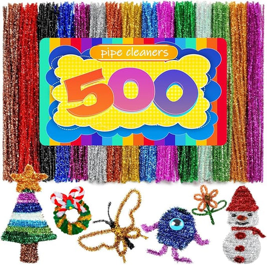 500pcs Pipe Cleaners, Pipe Cleaners for Crafts, Craft Supplies Multicolor Chenille Stems for Art&Craft Christmas DIY Projects(15colors,Glitter)