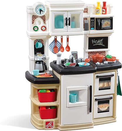 Step2 Great Gourmet Kids Kitchen Playset, Indoor/Outdoor Kitchenette, Interactive Play with Lights and Sounds, Made of Durable Plastic, Includes 33 Piece Toy Accessories, Toddlers 3+ Years Old, Tan