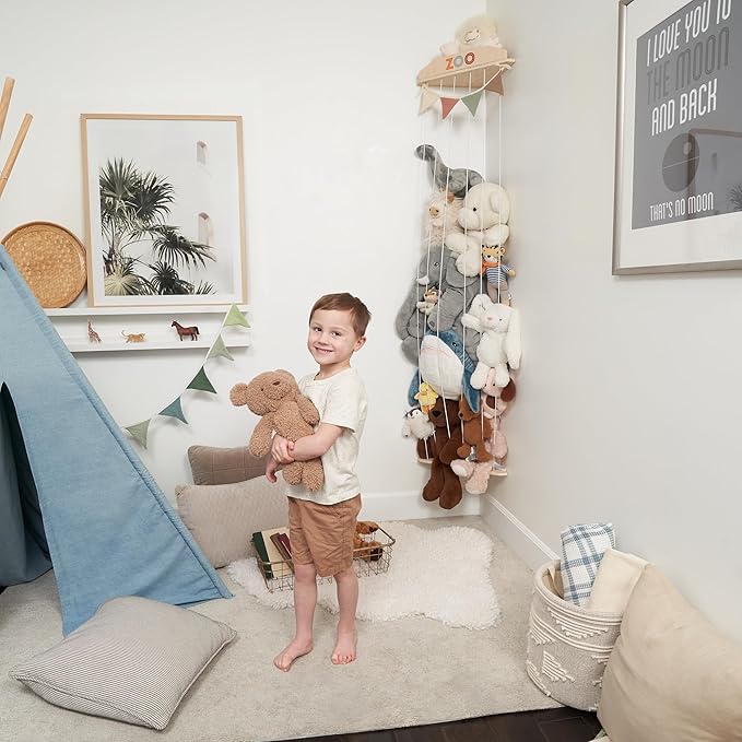 Stuffed Animal Storage Zoo with Decorative Muslin Garland - Cute Wooden Toy Storage Organizer for Kids Playroom or Nursery - Clever and Easy to Assemble Corner Wall Holder Maximizes Small Spaces