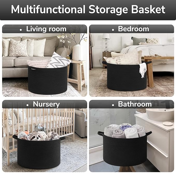 Goodpick Blanket Basket 19.7'' x 12.6'', Woven Storage Baskets, Cotton Rope Toy Storage for Kids, Home Decor for Living Room, 65L Black