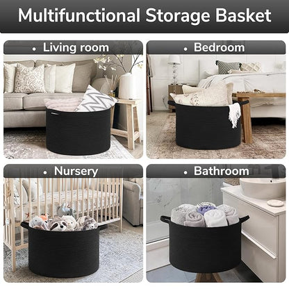 Goodpick Blanket Basket 19.7'' x 12.6'', Woven Storage Baskets, Cotton Rope Toy Storage for Kids, Home Decor for Living Room, 65L Black