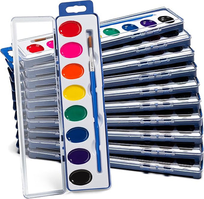 Bedwina Watercolor Paint Set- Bulk Of 24 Sets - 8 Water Color Washable Paints, Palette Tray and Painting Brush, for Art Schools and Paint Party Supplies