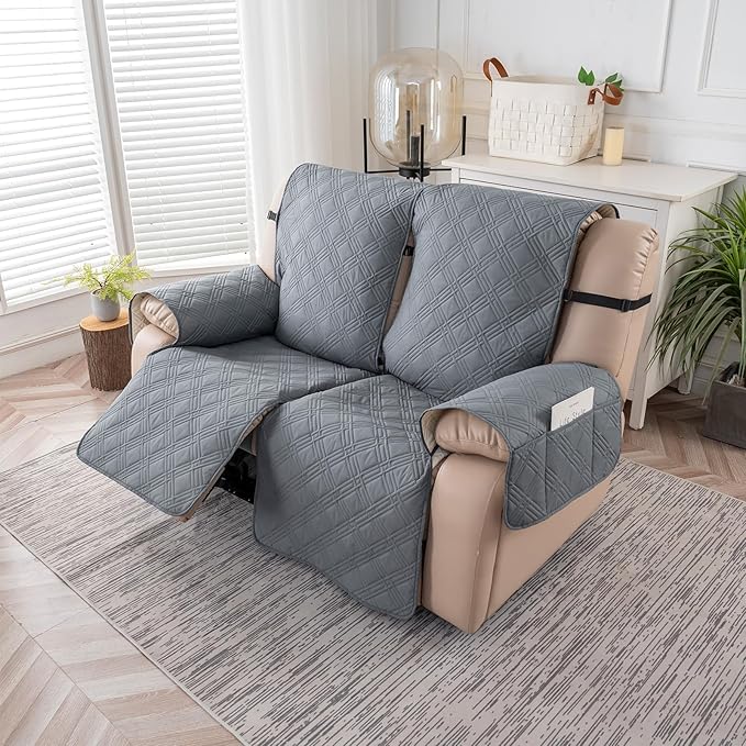 Easehomey Waterproof Loveseat Recliner Cover,Non Slip Reclining Couch Covers for 2 Seat,Dog Chair Cover Furniture Protector Washable Chair Cover with Pocket for Kids,Pets,Dogs(Light Gray,2Seat)