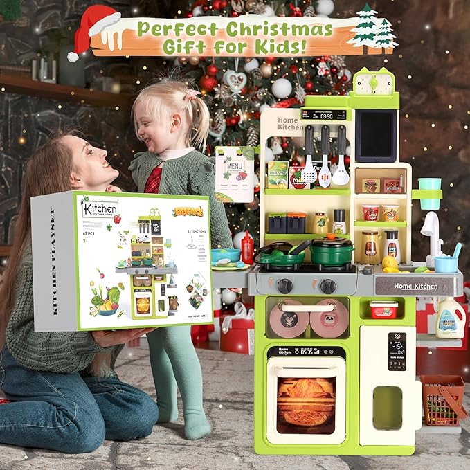 Kids Kitchen Playset, Easface Play Kitchen for Toddlers 1-3 with Sound and Light, Cooking Stove with Steam, Play Sink and Toy Kitchen Accessories Pretend Kitchen Toys for Girls Boys 3-5 (Soft Green)