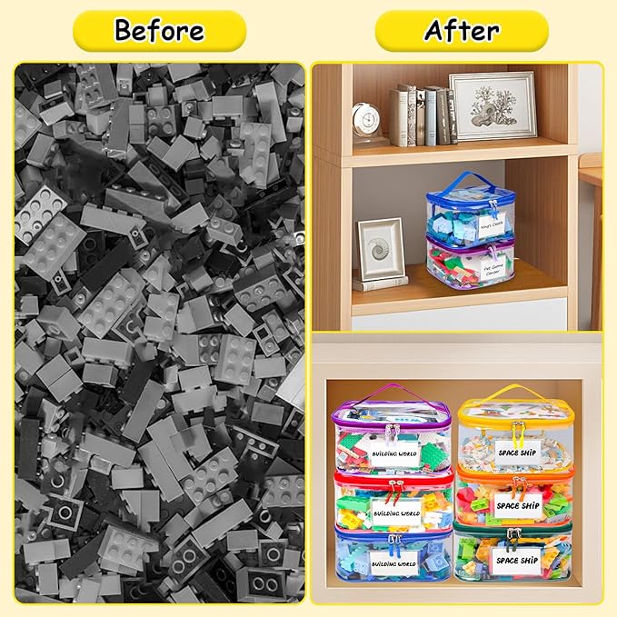 Tesuko 6 Pack Clear Toy Storage Bag with Name Tag& Manual Pocket, Waterproof Transparent PVC Toy Organizer Case for Lego Bricks, Board Games, Building Blocks, Puzzles (Large Capacity, Colorful)