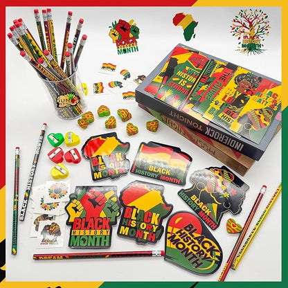 218 PCS Black History Month Party Favors Happy Juneteenth Party Classrooms Exchange Stationery Giveaways Sets Class Reward Prizes Pencils Erasers Stickers for African American Party Supplies (BHM)