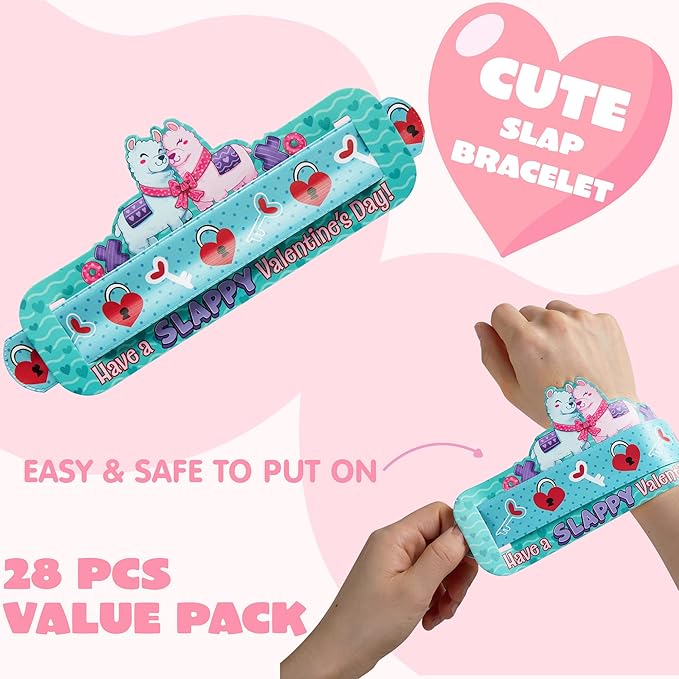 JOYIN 28 Valentine's Day Gifts Cards with Slap Bracelet, Animal Heart Snap Bracelet Wristband for Kids,Valentine's Party Favors, Valentine Classroom Exchange, Game Prizes