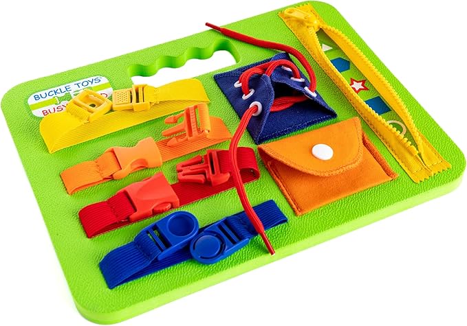Buckle Toys Busy Board - Montessori Learning Toy for Toddlers Road Trip Essentials - Foam Sensory Board - Develop Fine Motor Skills - Green