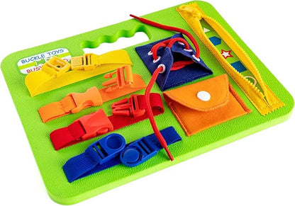Buckle Toys Busy Board - Montessori Learning Toy for Toddlers Road Trip Essentials - Foam Sensory Board - Develop Fine Motor Skills - Green
